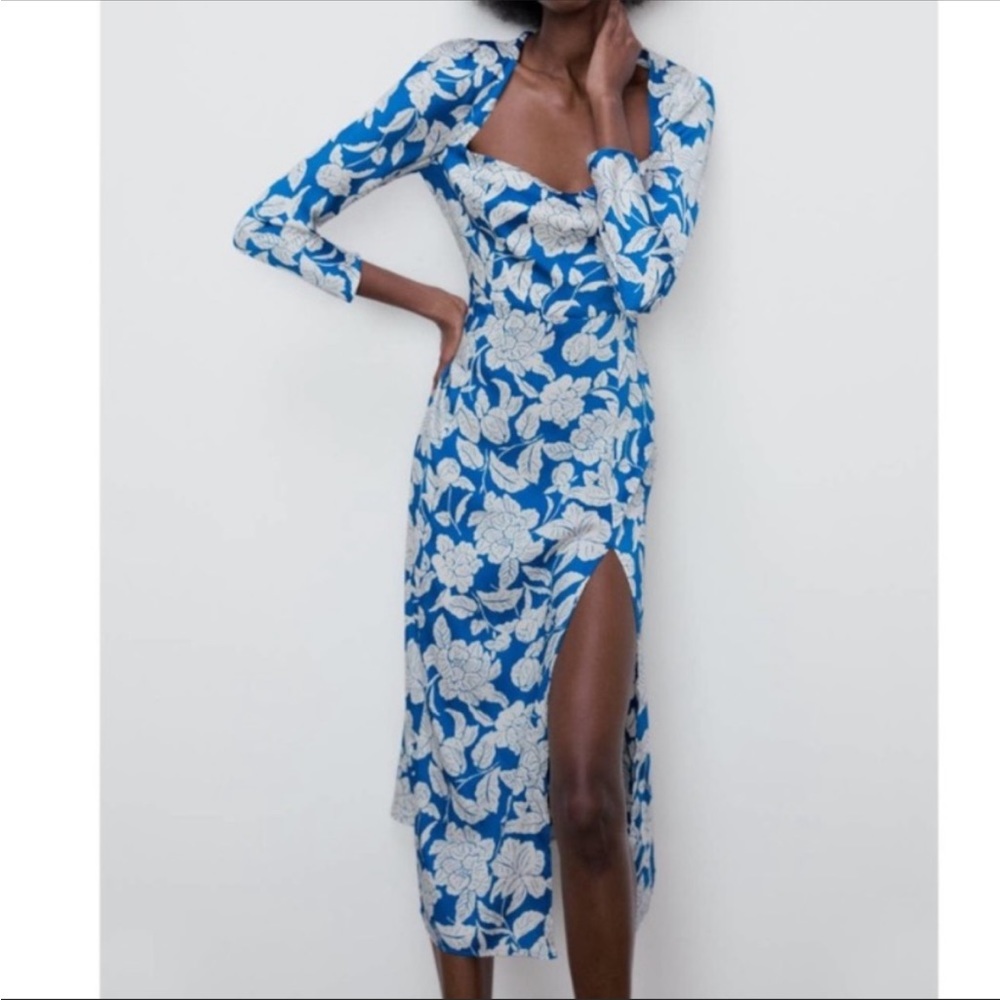 🆕 ZARA Blue Spring Floral Midi Dress NWT’s